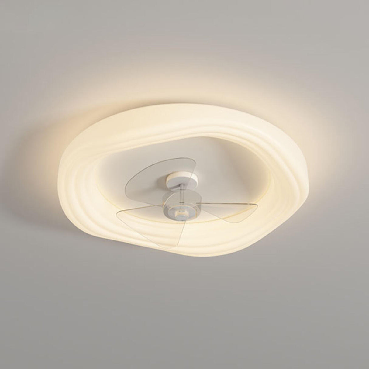 Modern Flush Mount White Round Ceiling Fan with Light Image - 11