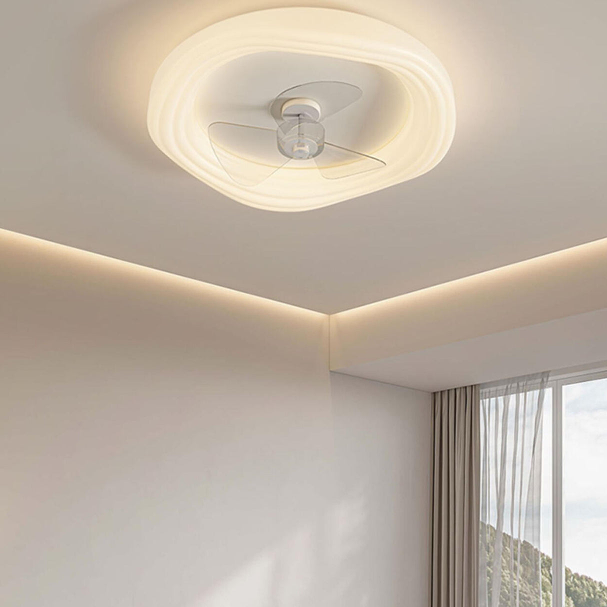 Modern Flush Mount White Round Ceiling Fan with Light Image - 18