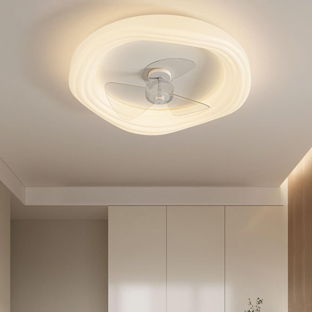 Modern Flush Mount White Round Ceiling Fan with Light Image - 2