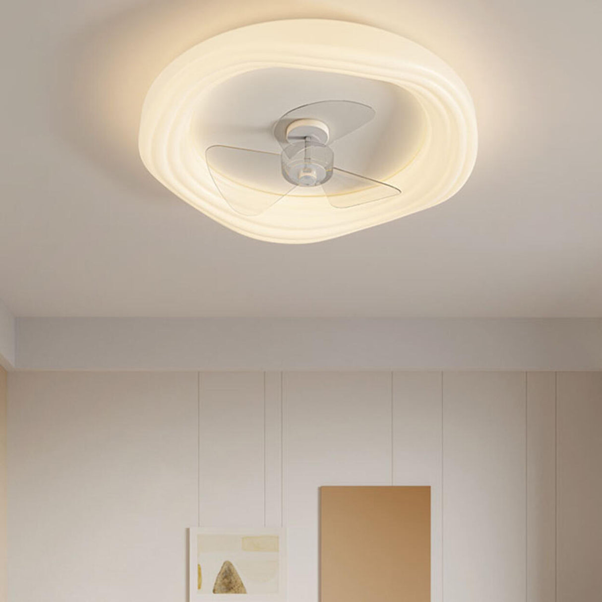 Modern Flush Mount White Round Ceiling Fan with Light Image - 3