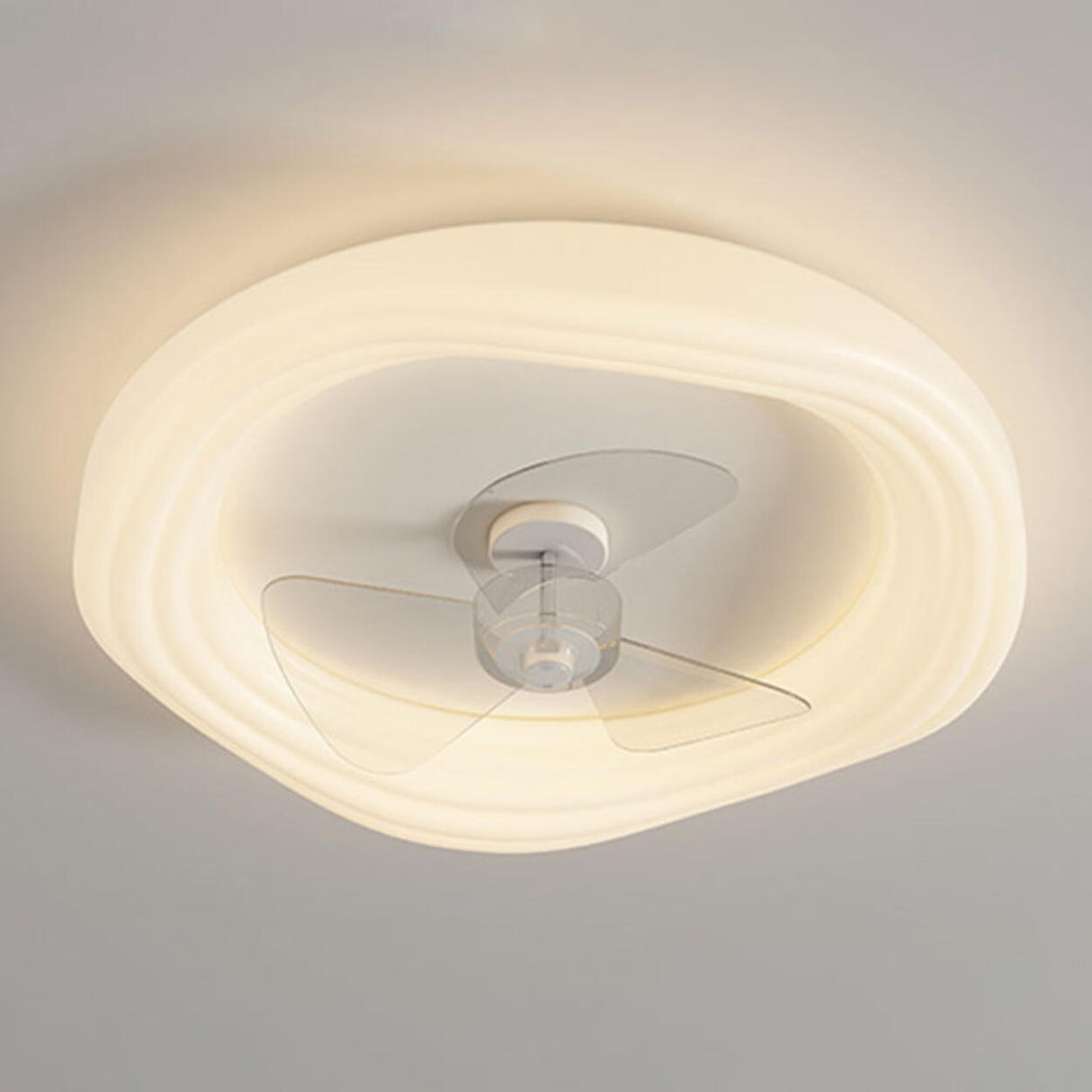 Modern Flush Mount White Round Ceiling Fan with Light Image - 8