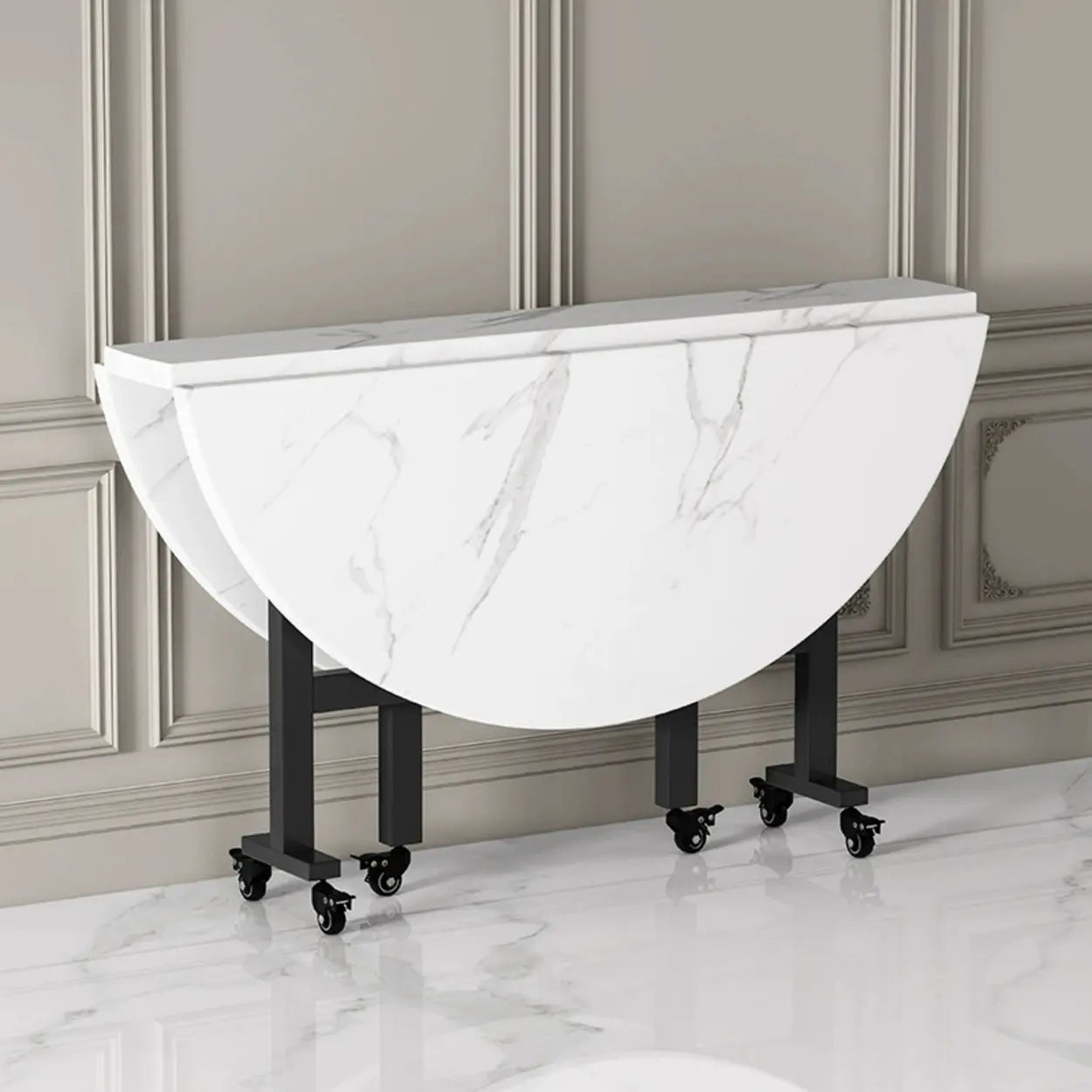 Modern Foldable White Marble Dining Table on Wheels Image - 1