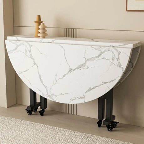 Modern Foldable White Marble Dining Table on Wheels Image - 2