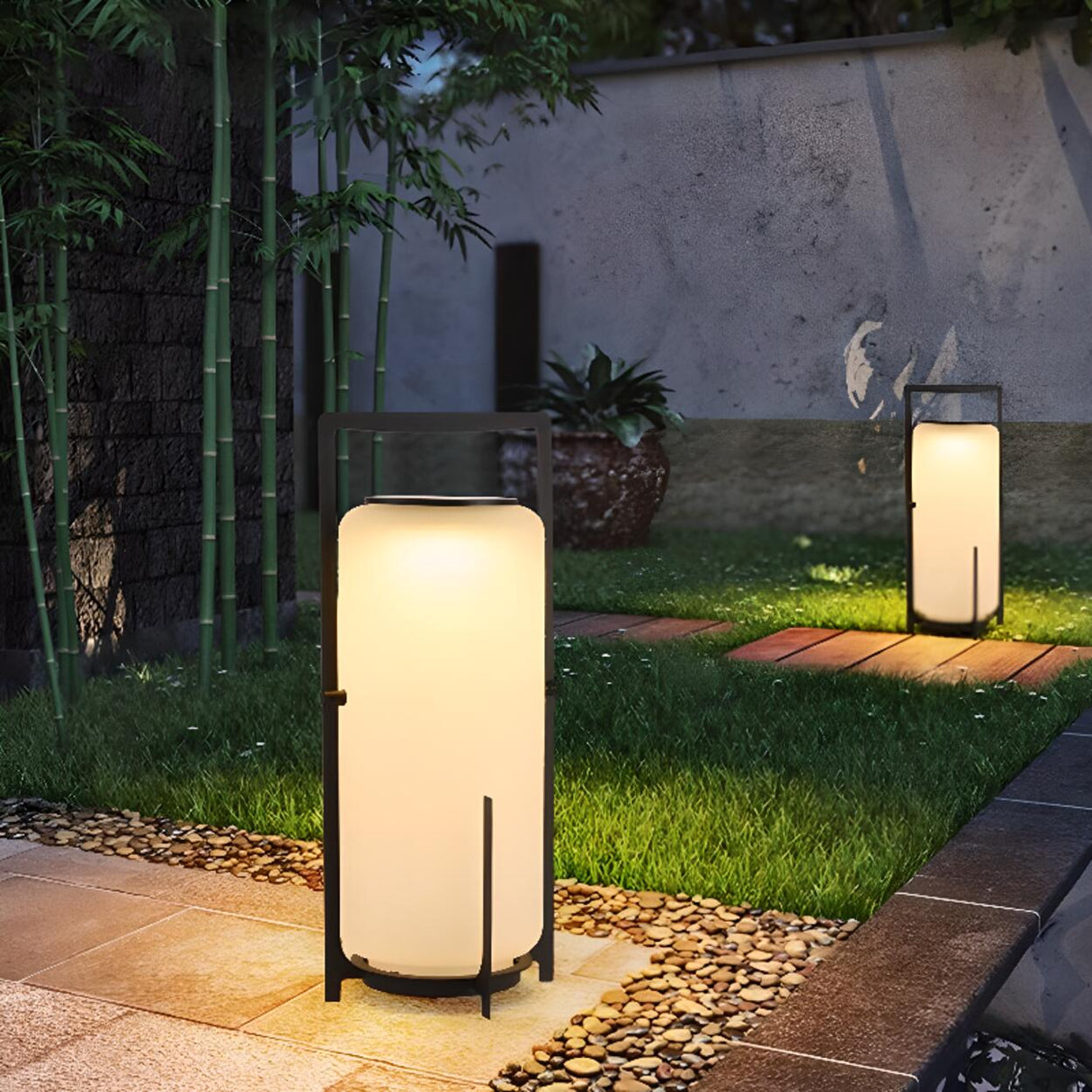 Modern Frosted Glass Cylinder Outdoor Table Lamp Image - 6