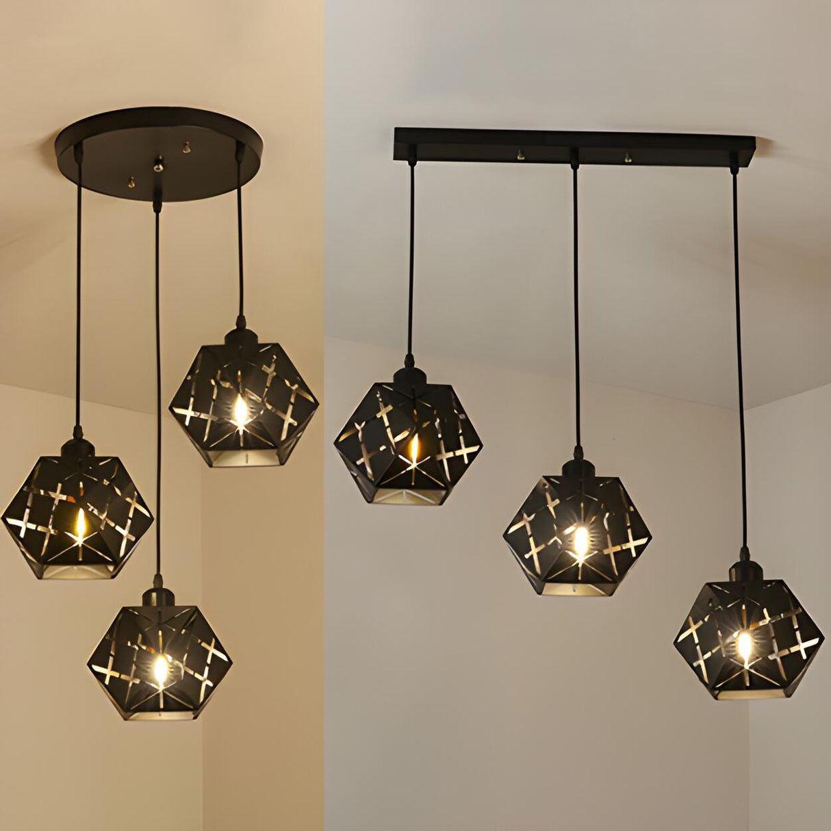 Modern Geometric Black Carved Metal Hexagonal Pendant Light Image - 3