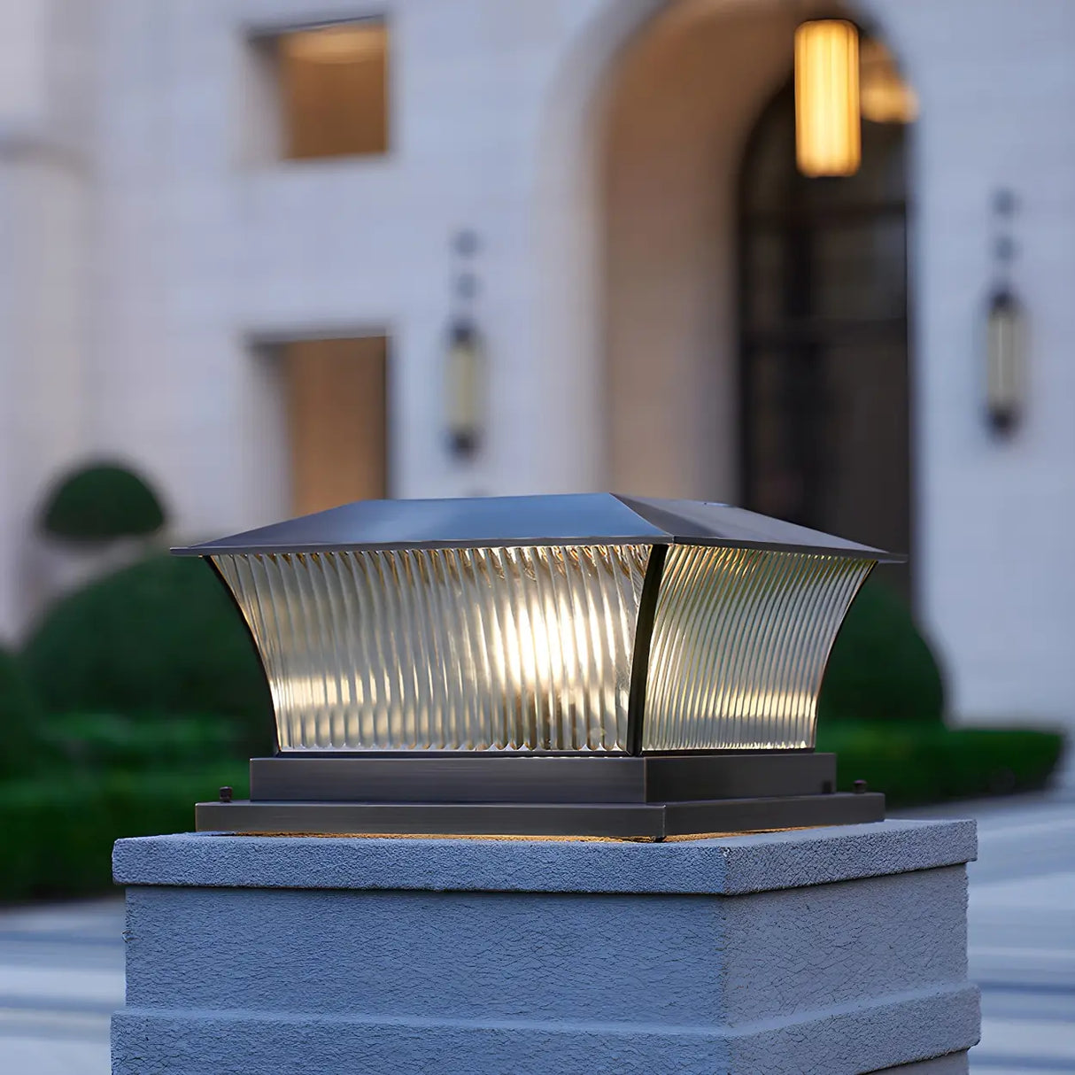 Modern Geometric Bronze Glass Outdoor Pillar Lamp Image - 5