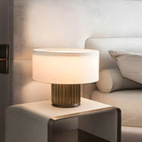 Modern Geometric Brown Base Fabric Drum Table Lamp Image - 1