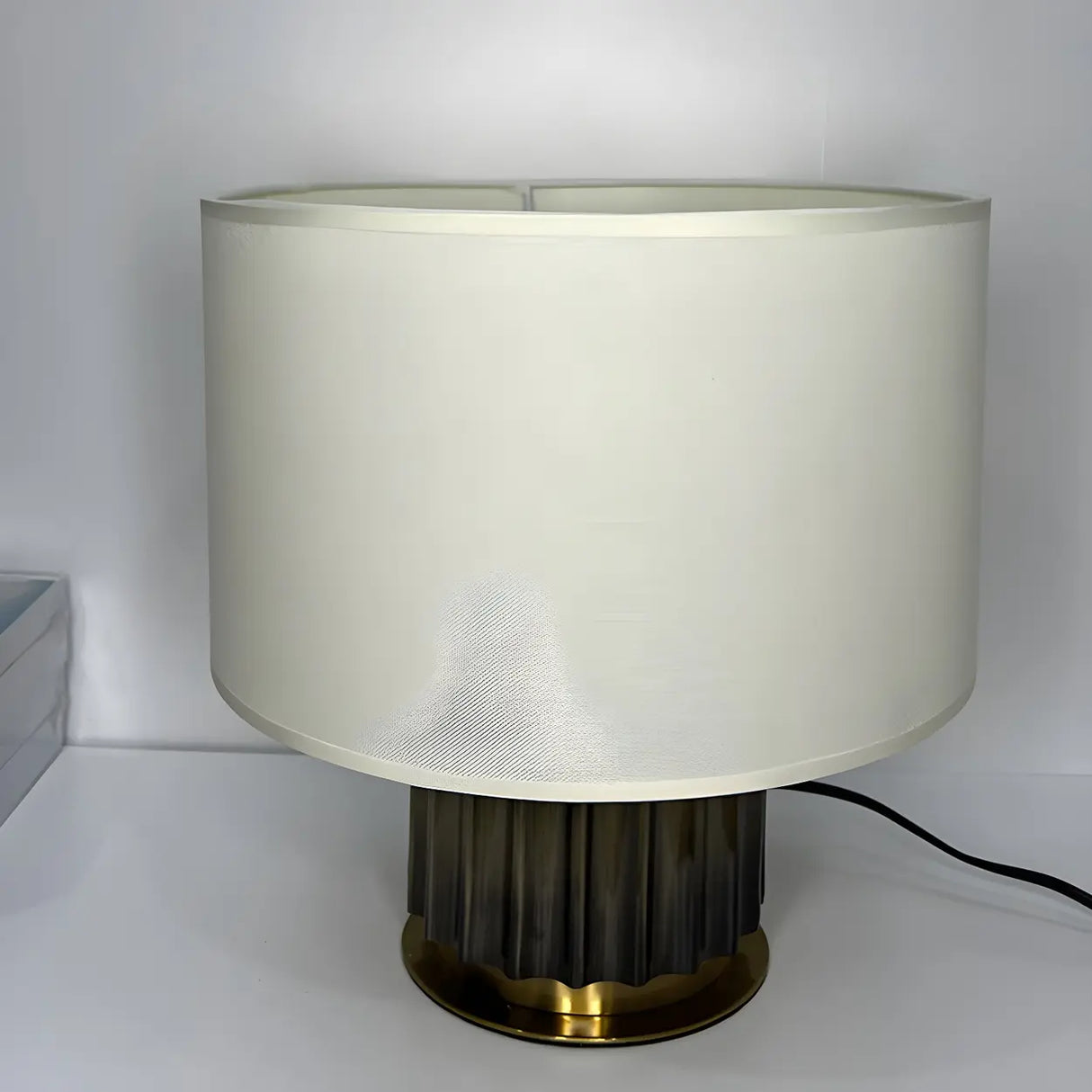 Modern Geometric Brown Base Fabric Drum Table Lamp Image - 9