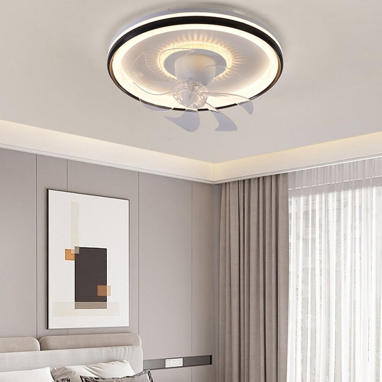 Modern Geometric Dimming Flush Mount Ceiling Fan Light Image - 12