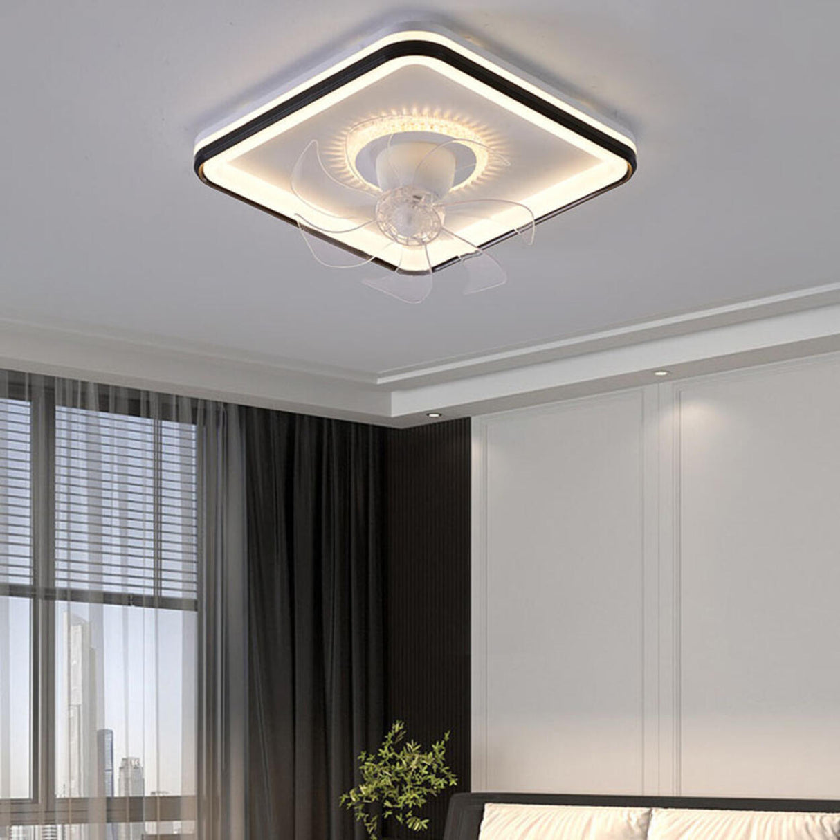 Modern Geometric Dimming Flush Mount Ceiling Fan Light Image - 15