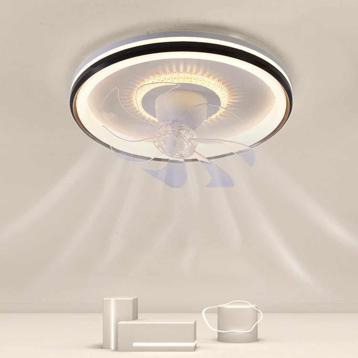 Modern Geometric Dimming Flush Mount Ceiling Fan Light Image - 17