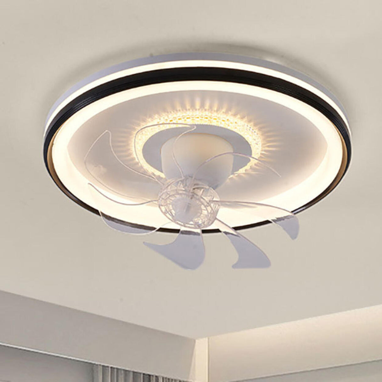 Modern Geometric Dimming Flush Mount Ceiling Fan Light Image - 3