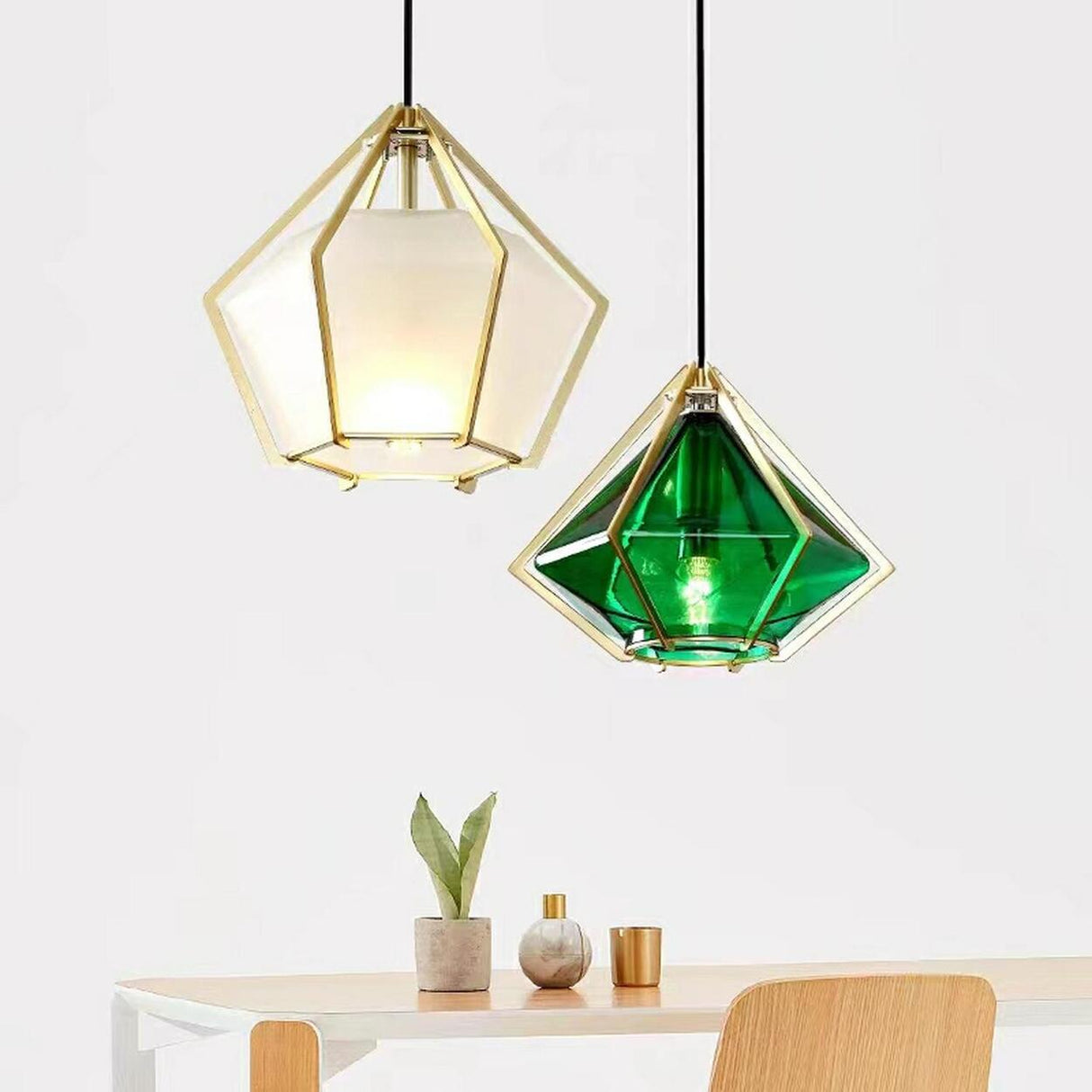 Modern Geometric Green Glass Dining Room Pendant Lights Set Image - 11