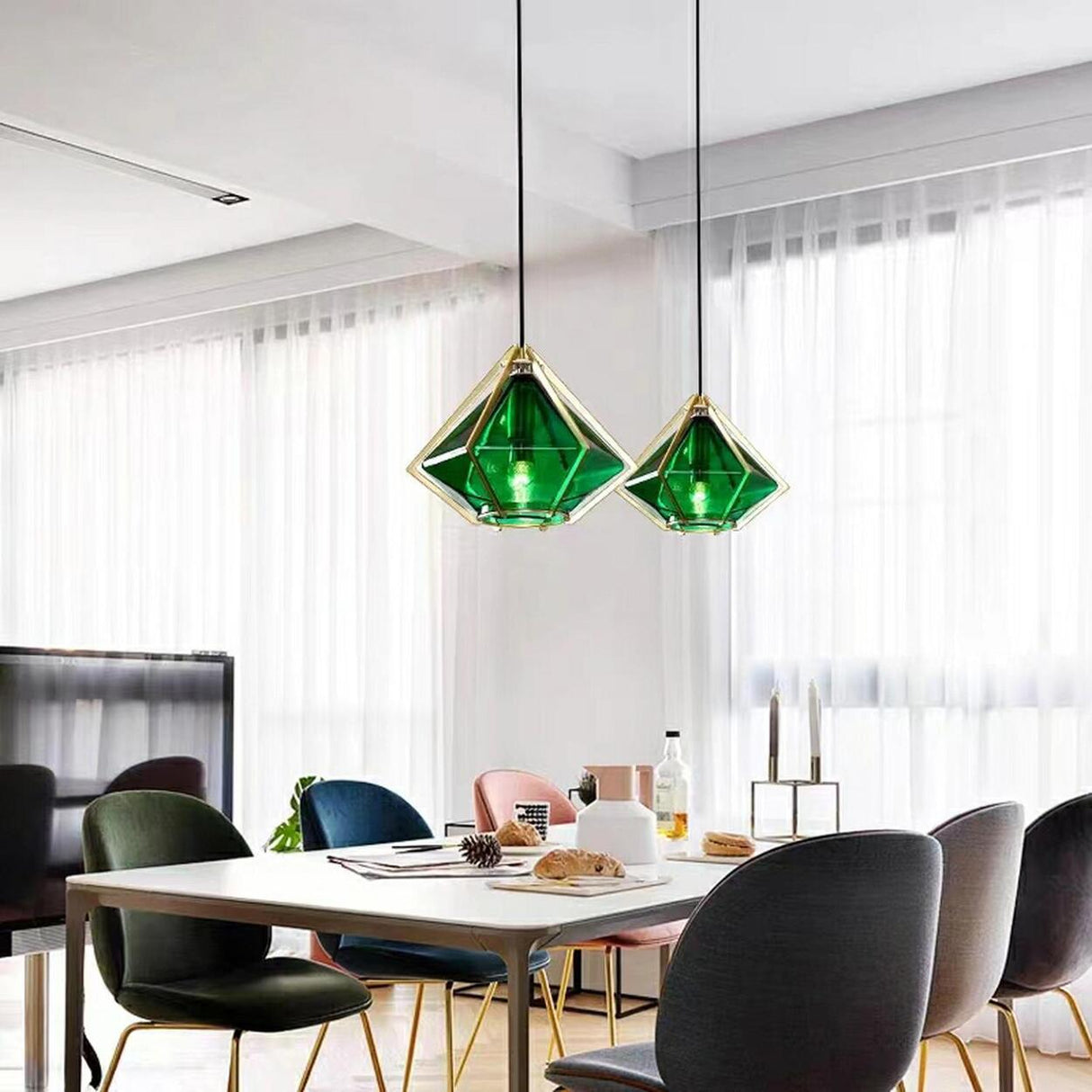 Modern Geometric Green Glass Dining Room Pendant Lights Set Image - 6