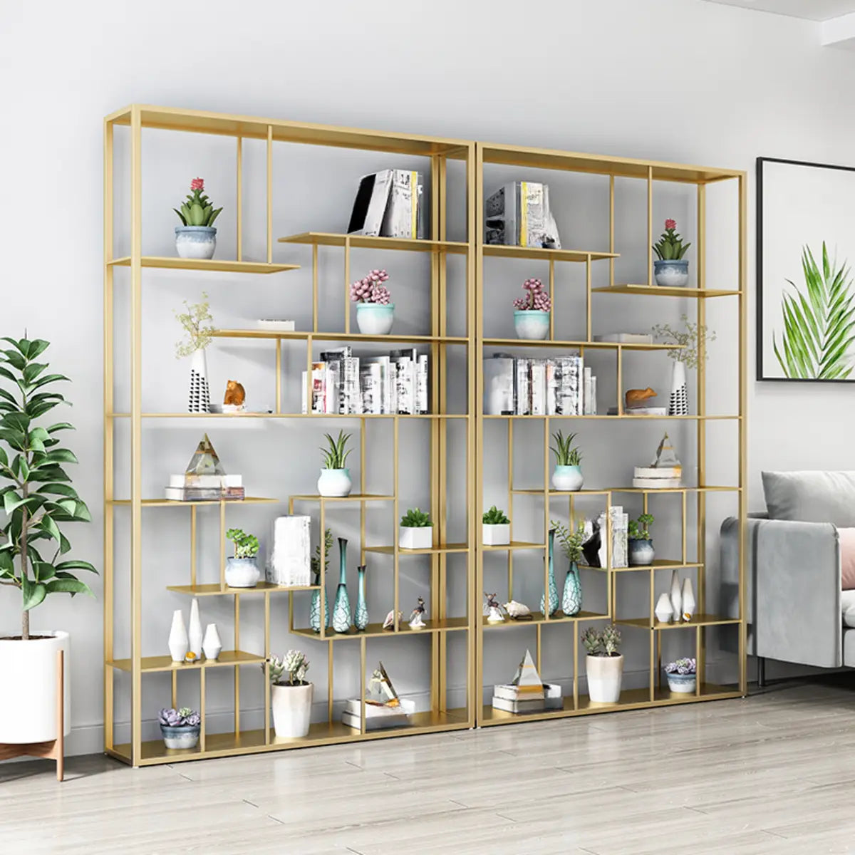 Modern Geometric Metal Gold Etagere Display Bookcase Image - 1