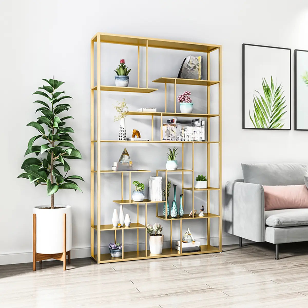 Modern Geometric Metal Gold Etagere Display Bookcase Image - 3