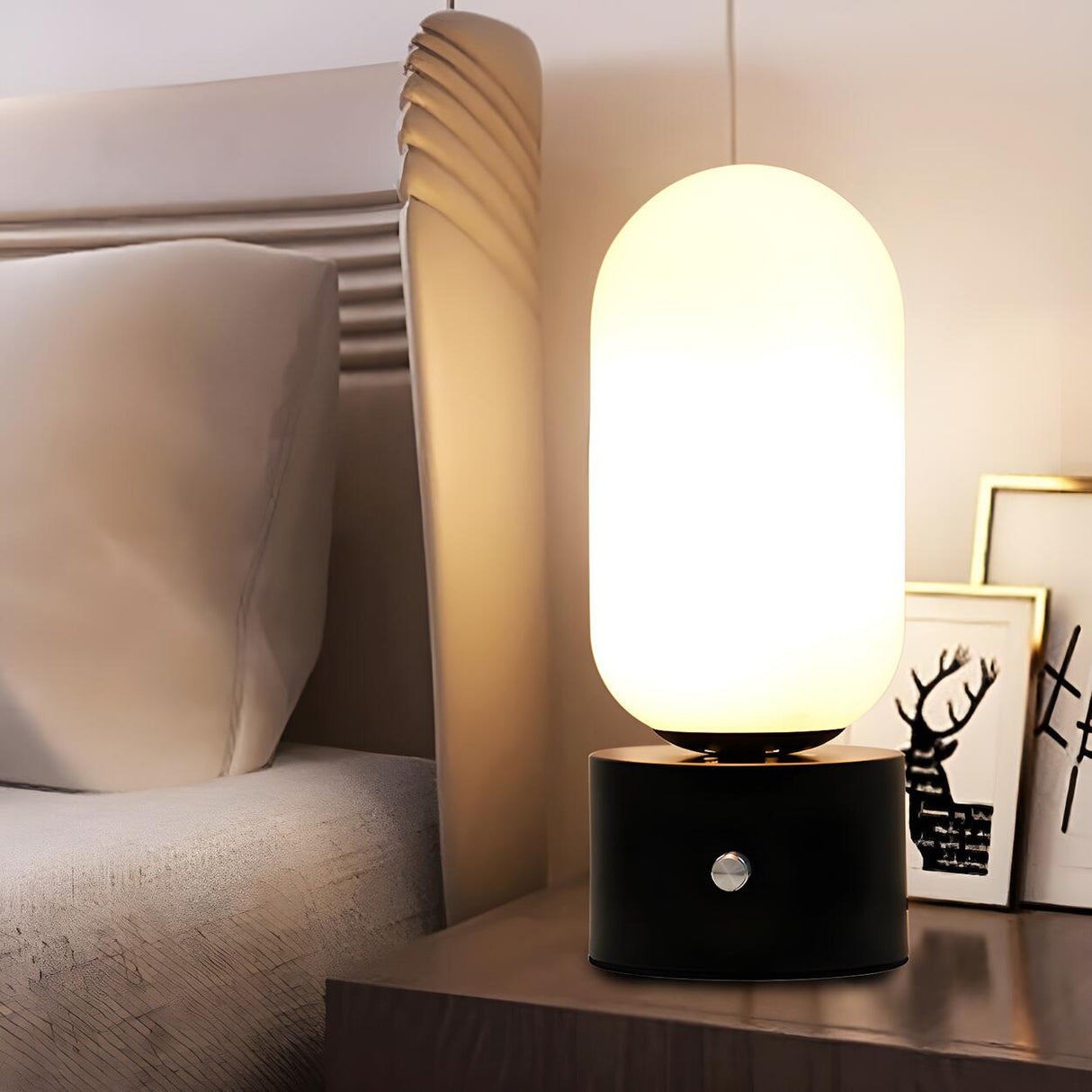 Modern Geometric White Glass Globe Night Table Lamp Image - 2