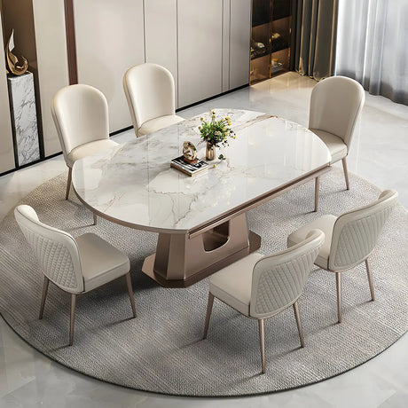 Modern Glam Oval Stone Dining Table White Drop Leaf Image - 1