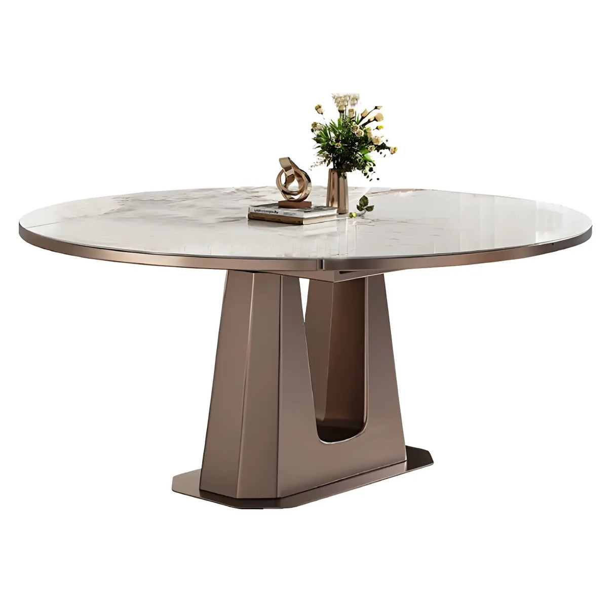 Modern Glam Oval Stone Dining Table White Drop Leaf Image - 2