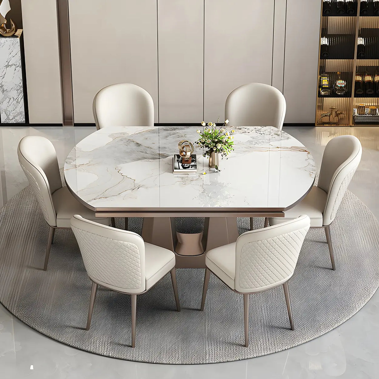 Modern Glam Oval Stone Dining Table White Drop Leaf Image - 4