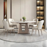 Modern Glam Oval Stone Dining Table White Drop Leaf Image - 5