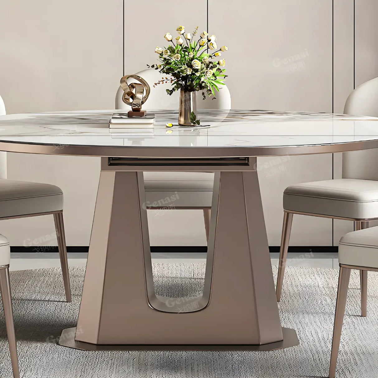 Modern Glam Oval Stone Dining Table White Drop Leaf Image - 9