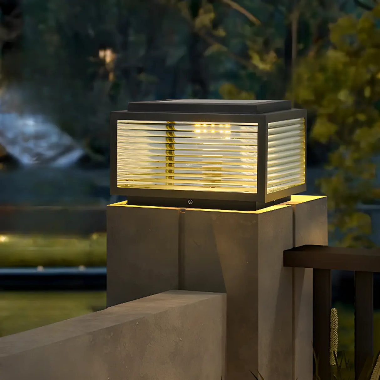 Modern Glass Cube Minimalist Metal Outdoor Post Lamp Image - 2