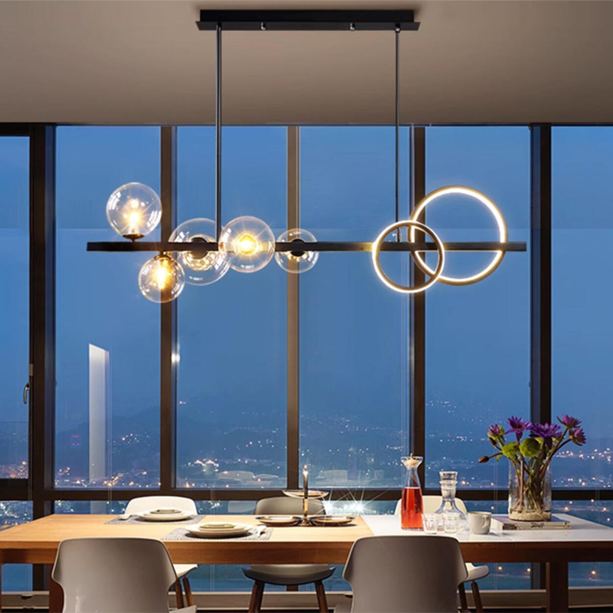 Modern Glass Globes and LED Rings Island Pendant Light Image - 1