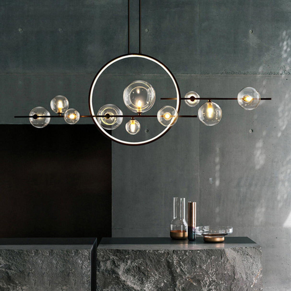 Modern Glass Globes and LED Rings Island Pendant Light Image - 6