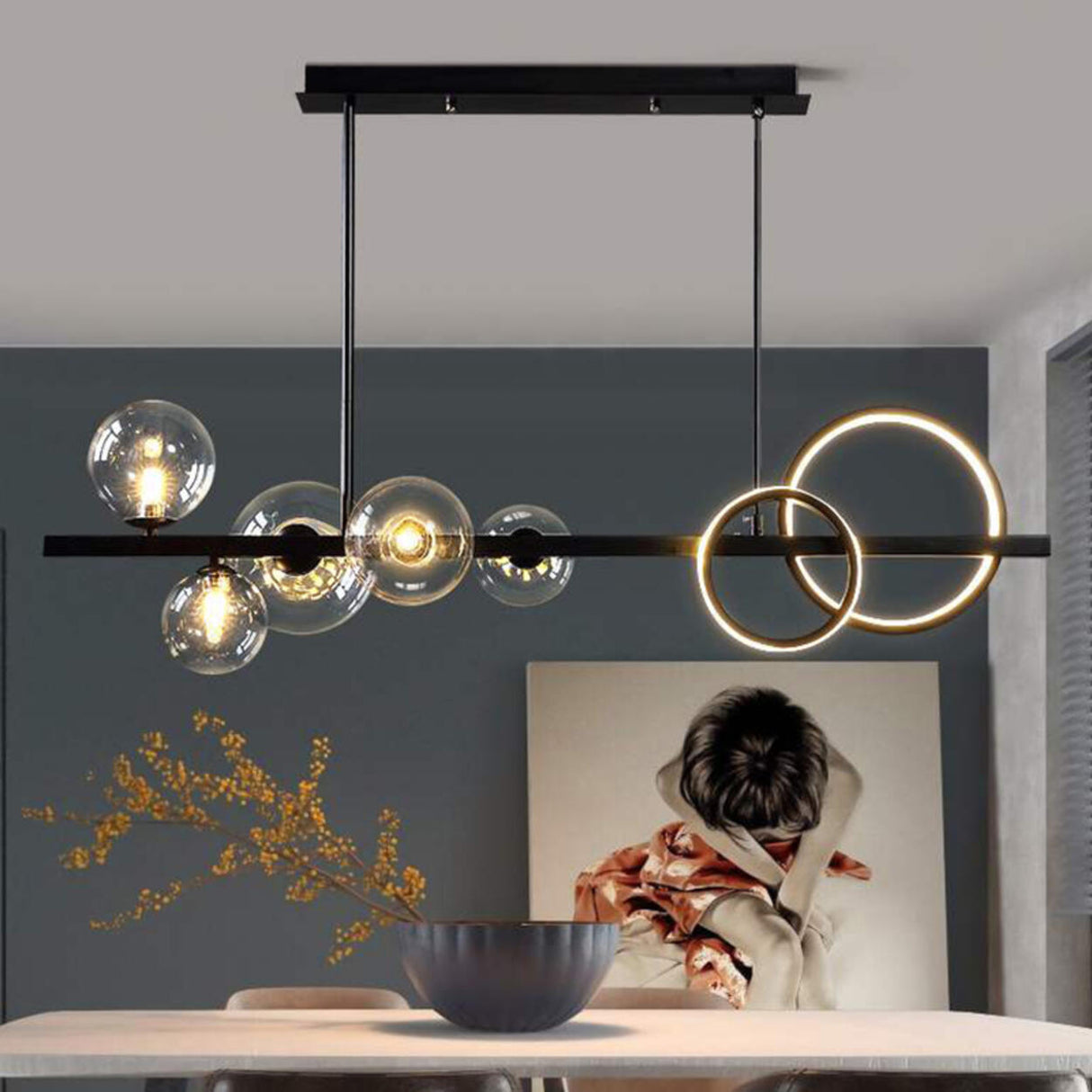 Modern Glass Globes and LED Rings Island Pendant Light Image - 8