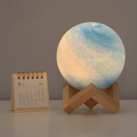 Modern Glass Moon Globe Wooden Base Decor Table Lamp Image - 1