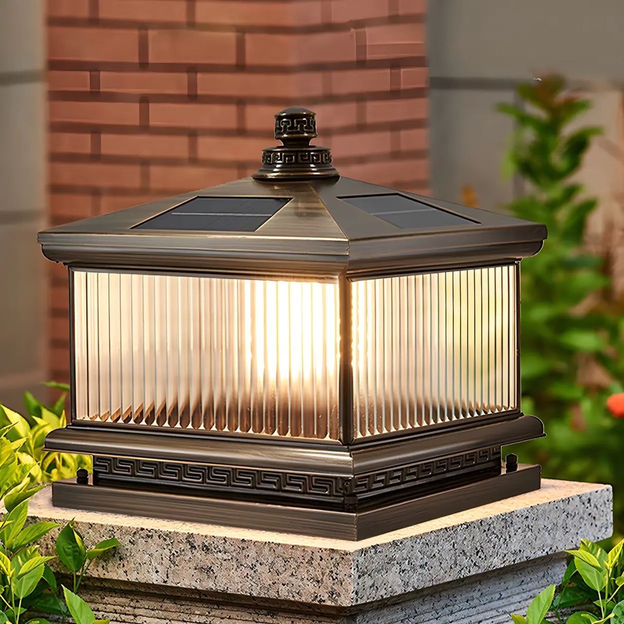 Modern Glass Square Metal Outdoor Solar Post Lamp Image - 1