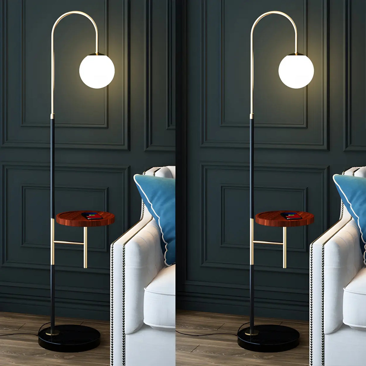 Modern Globe and Arc Metal Floor Lamp with Side Table Image - 2