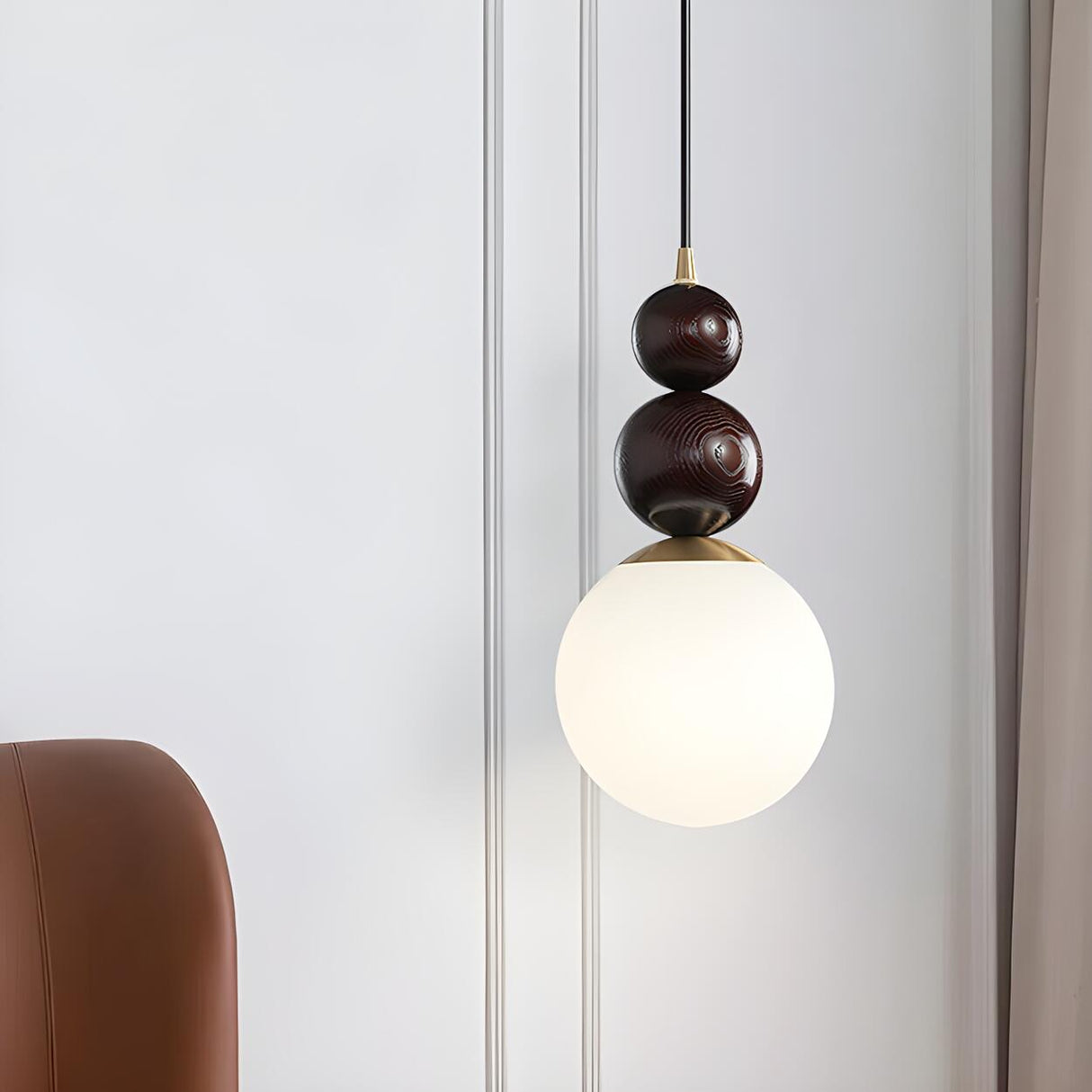 Modern Globe White Glass Wood Walnut Pendant Light Image - 3