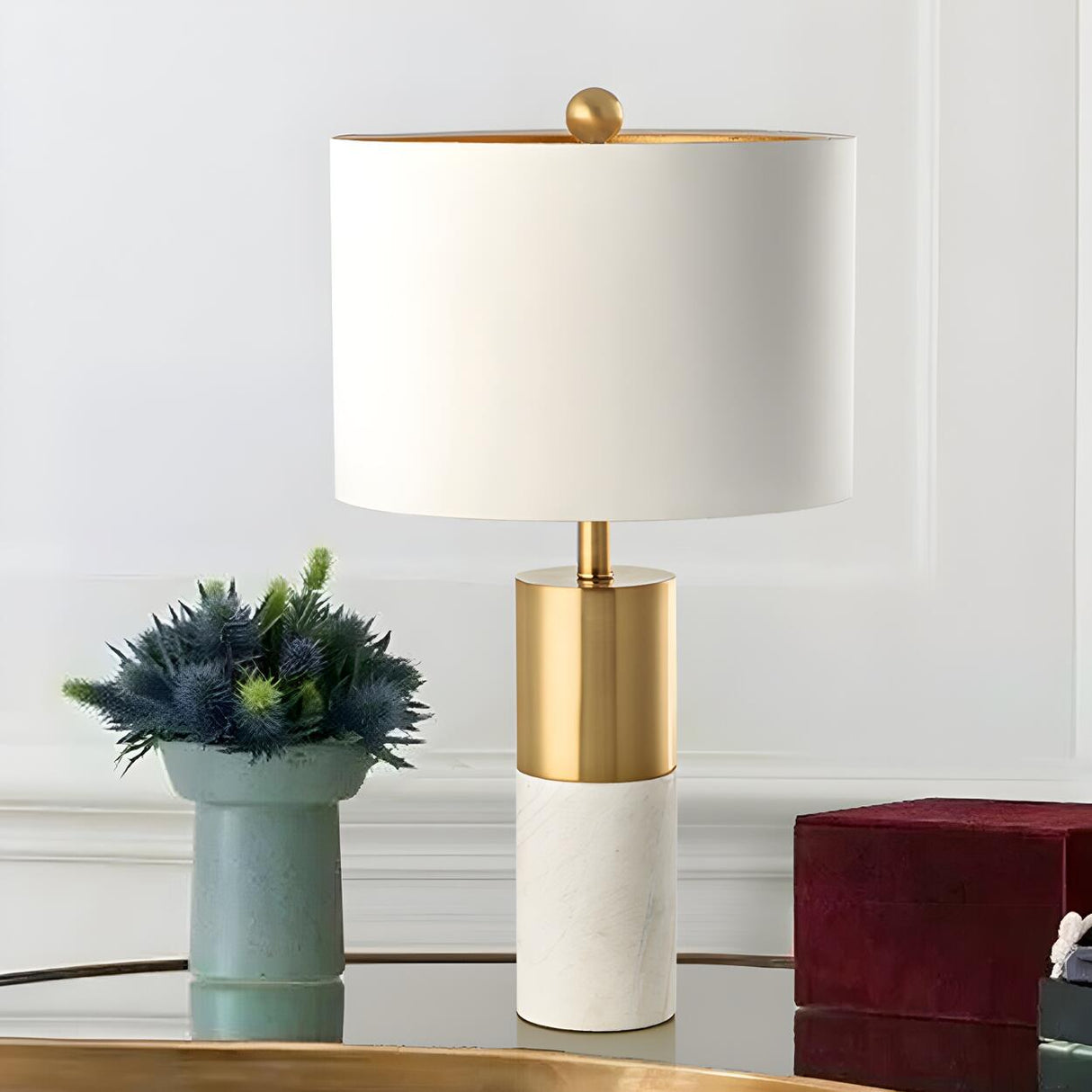 Modern Gold Accent Fabric Cylinder Marble Table Lamp Image - 1