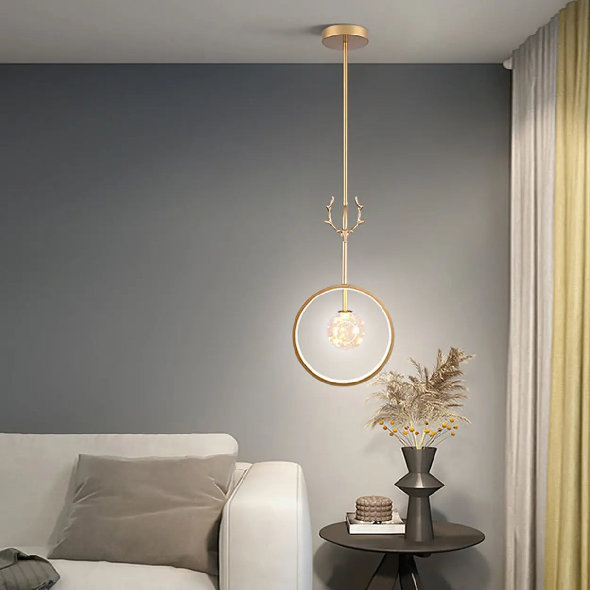 Modern Gold Antler Crystal Globe Bedroom Pendant Light Image - 1