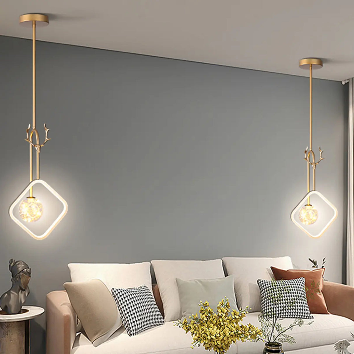 Modern Gold Antler Crystal Globe Bedroom Pendant Light Image - 14