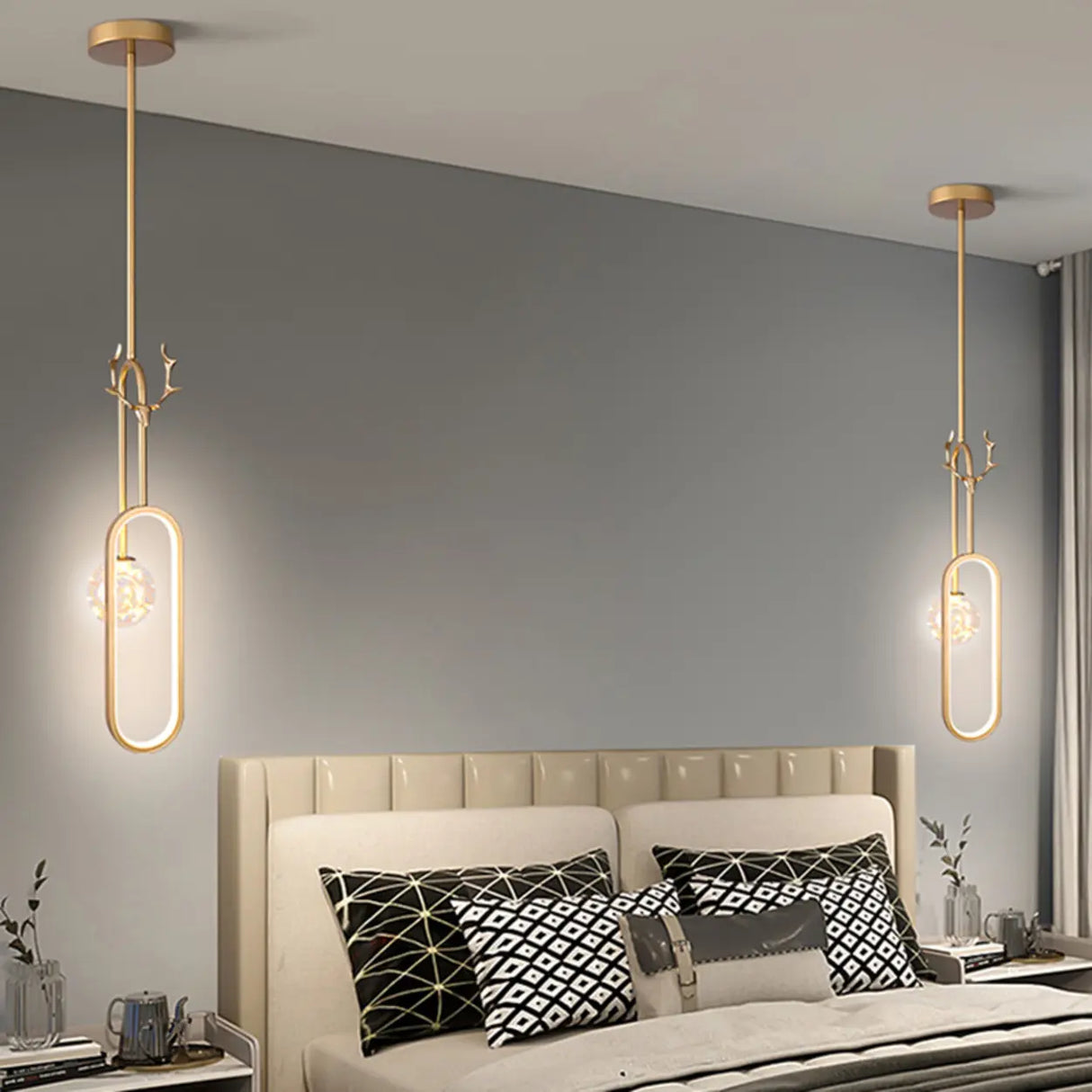 Modern Gold Antler Crystal Globe Bedroom Pendant Light Image - 4