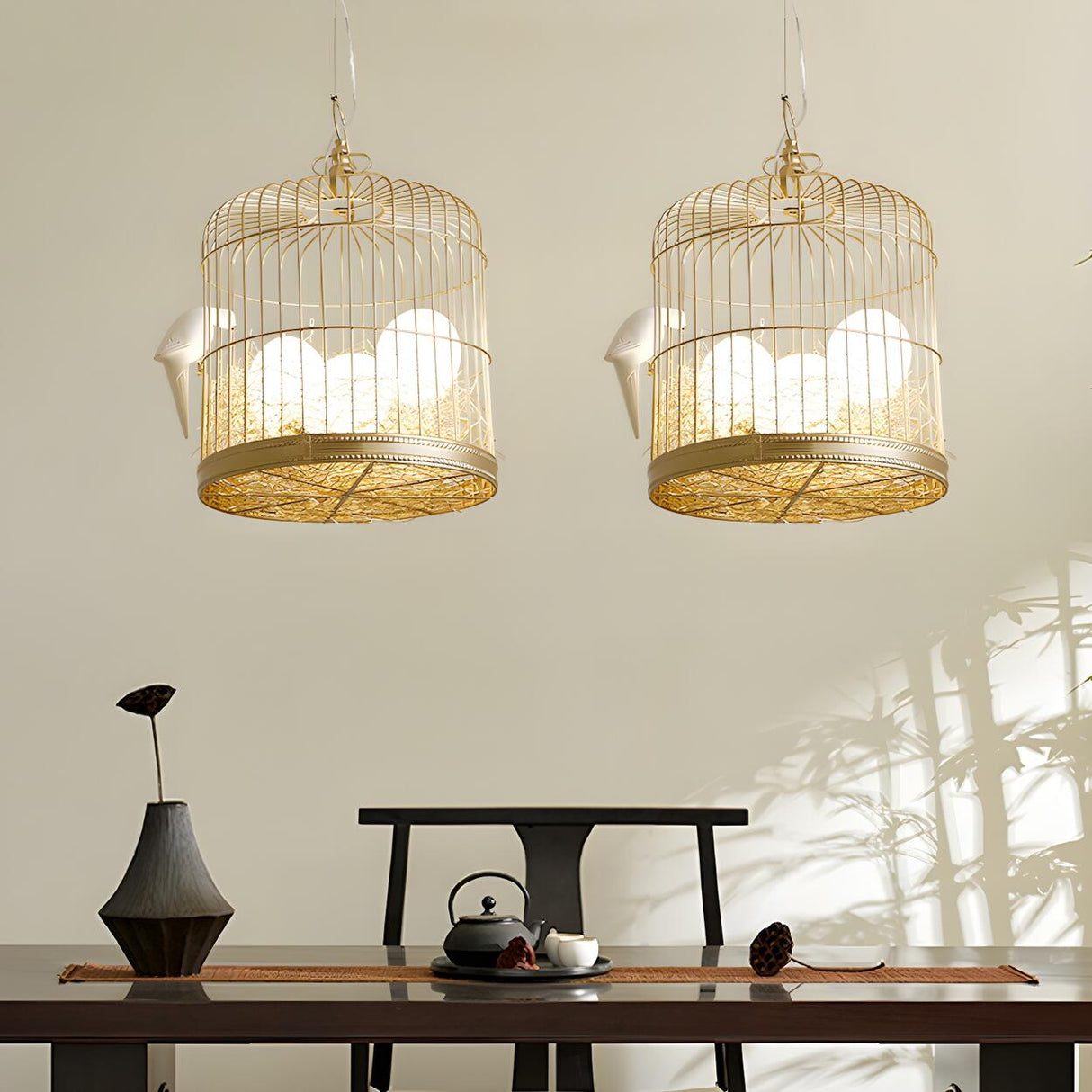 Modern Gold Birdcage White Glass Egg Hanging Chandelier Image - 2