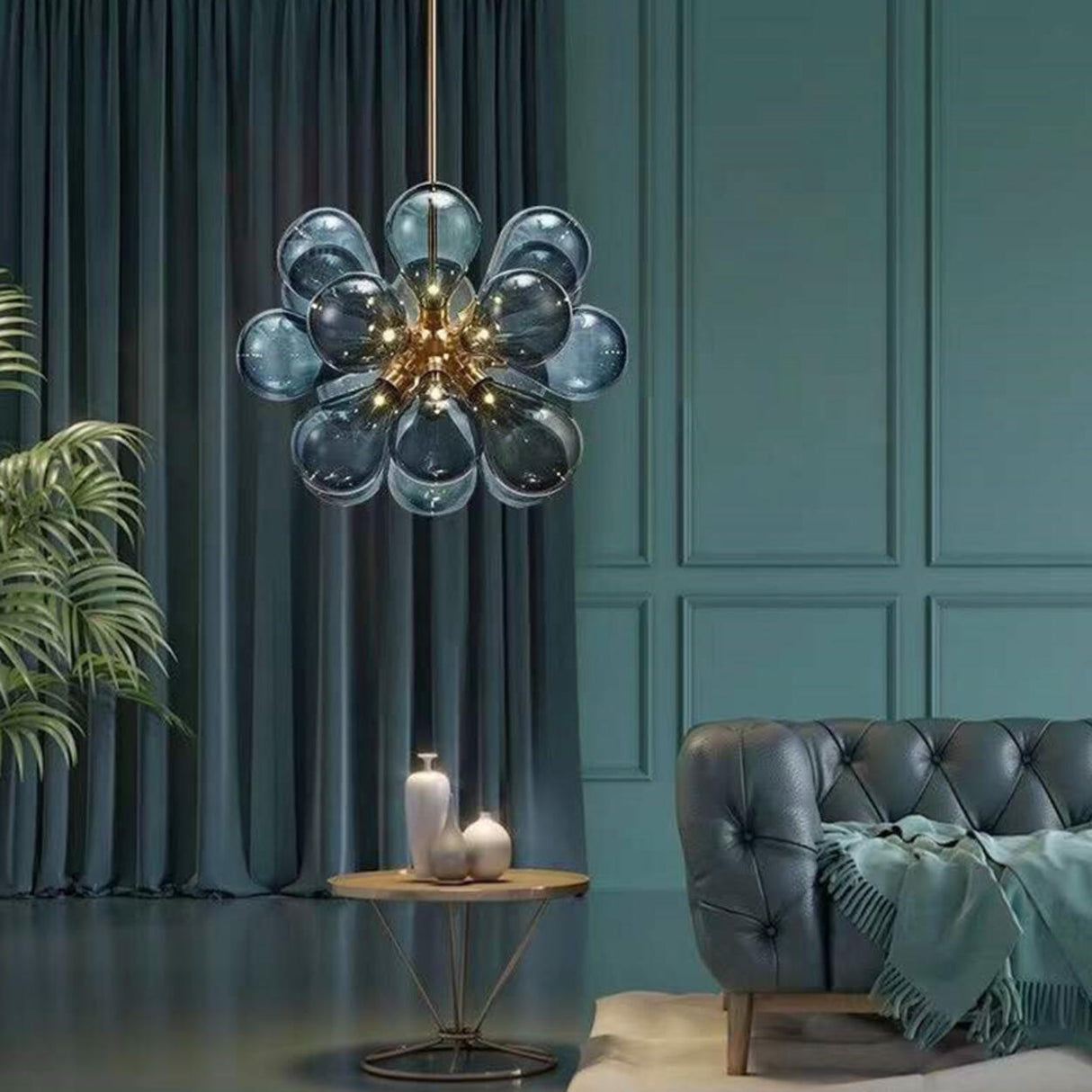 Modern Gold Blue Glass Globes Pendant Chandelier Image - 16