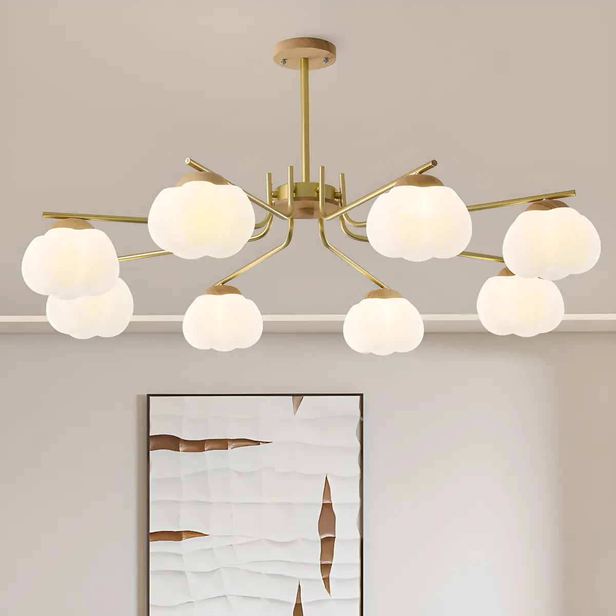 Nordic Bud Brass Living Room White 8-Light Chandelier Image - 6