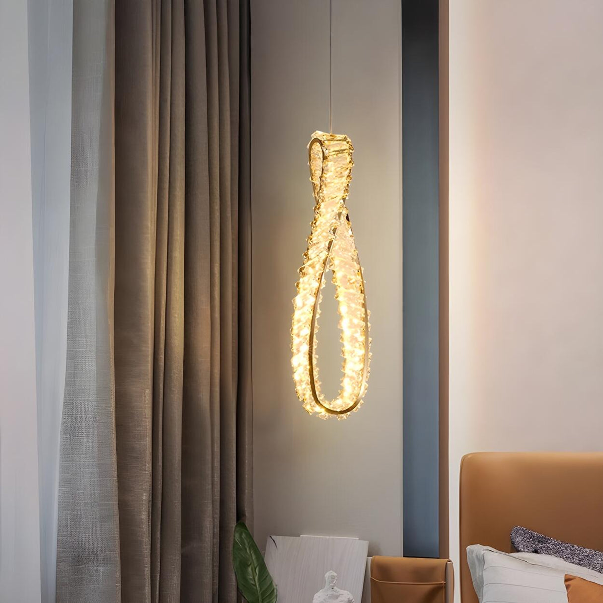 Modern Gold Clear Crystal Loop Pendant Light Bedroom Image - 1