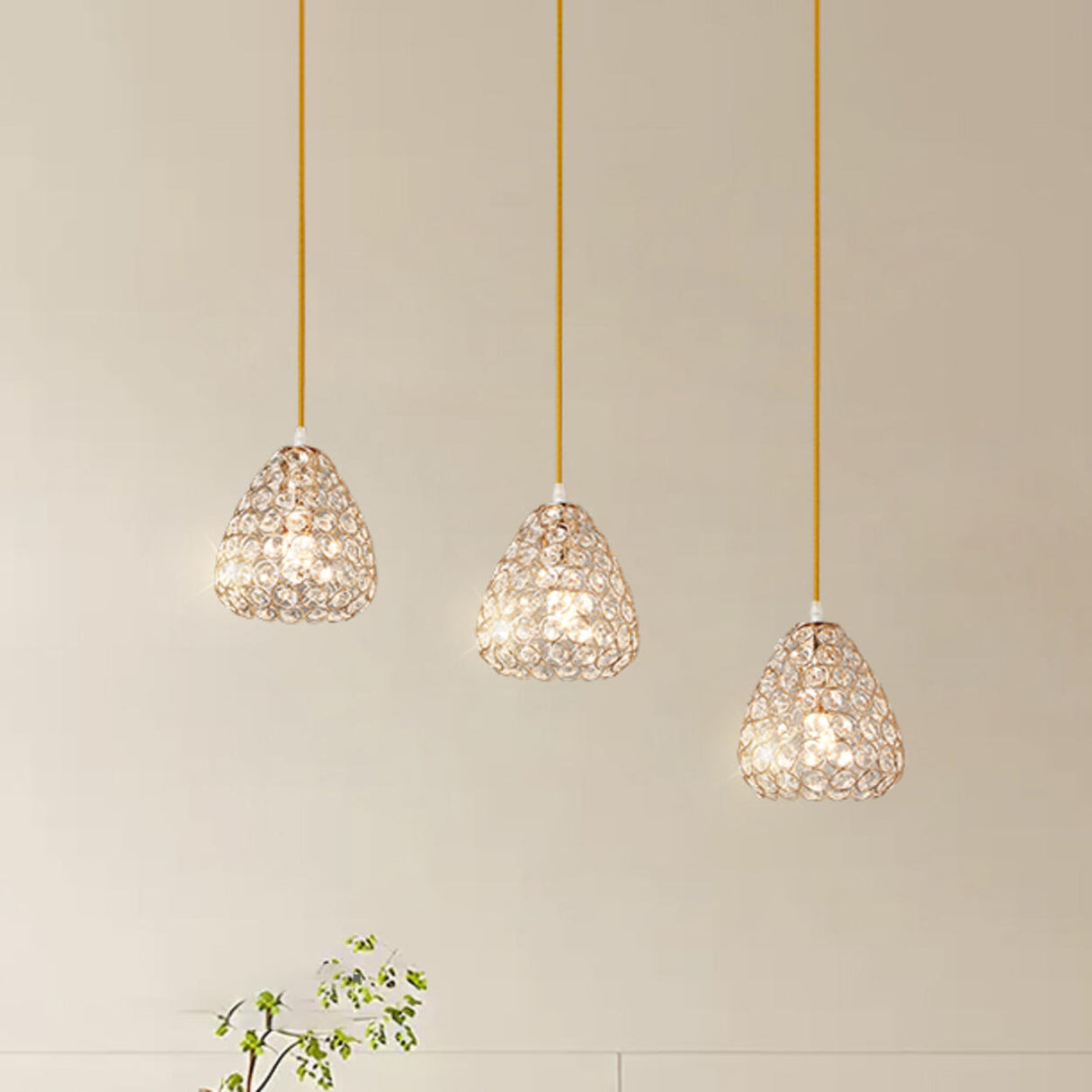 Modern Gold Crystal Triple Light Cone Pendant Light Image - 6