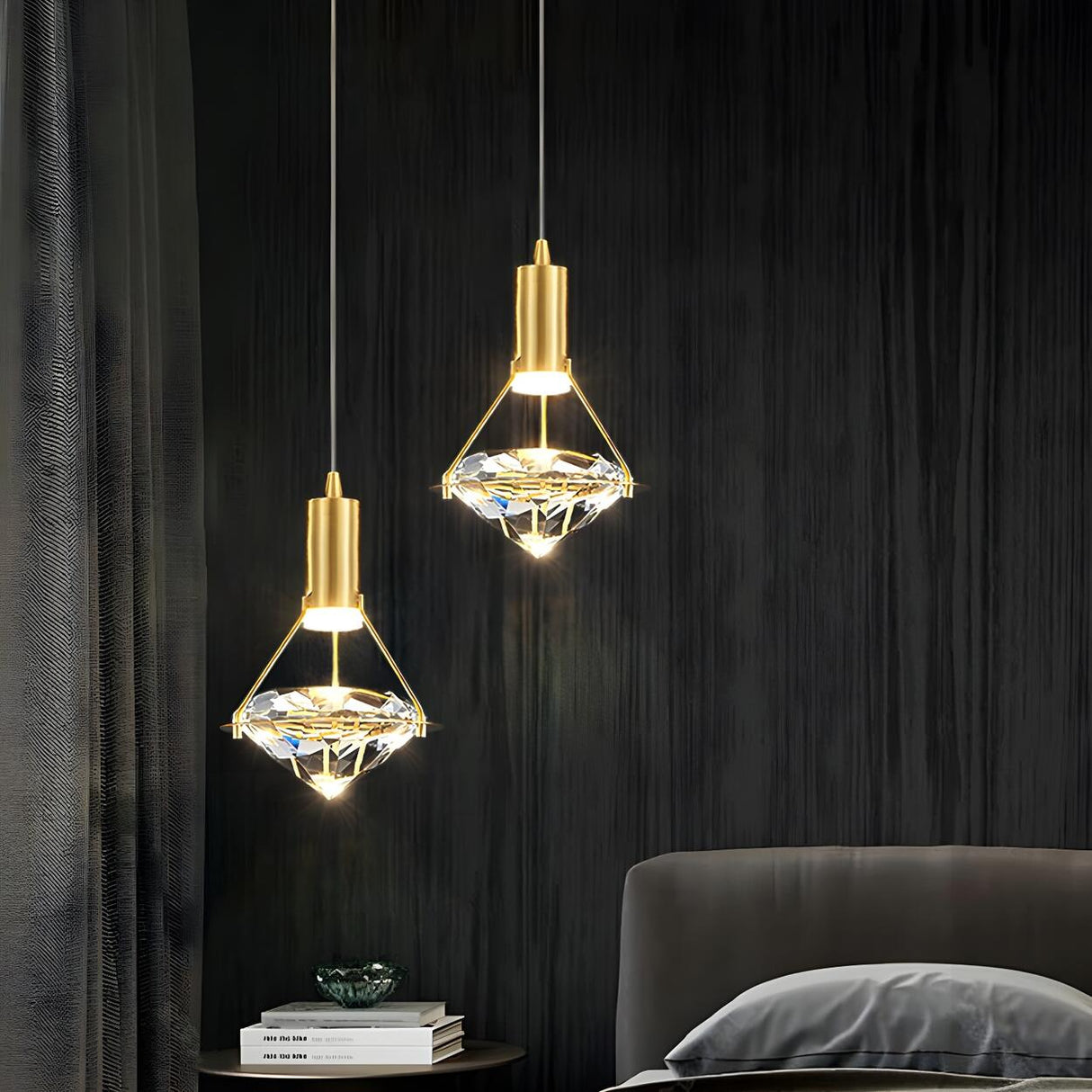 Modern Gold Diamond Clear Crystal Bedroom Pendant Light Image - 14