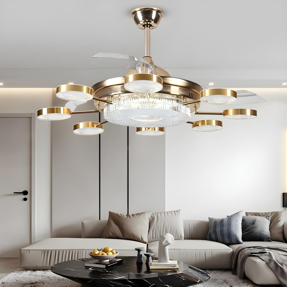 Modern Gold Dimming Metal Chandelier Fan with LED Light Image - 2