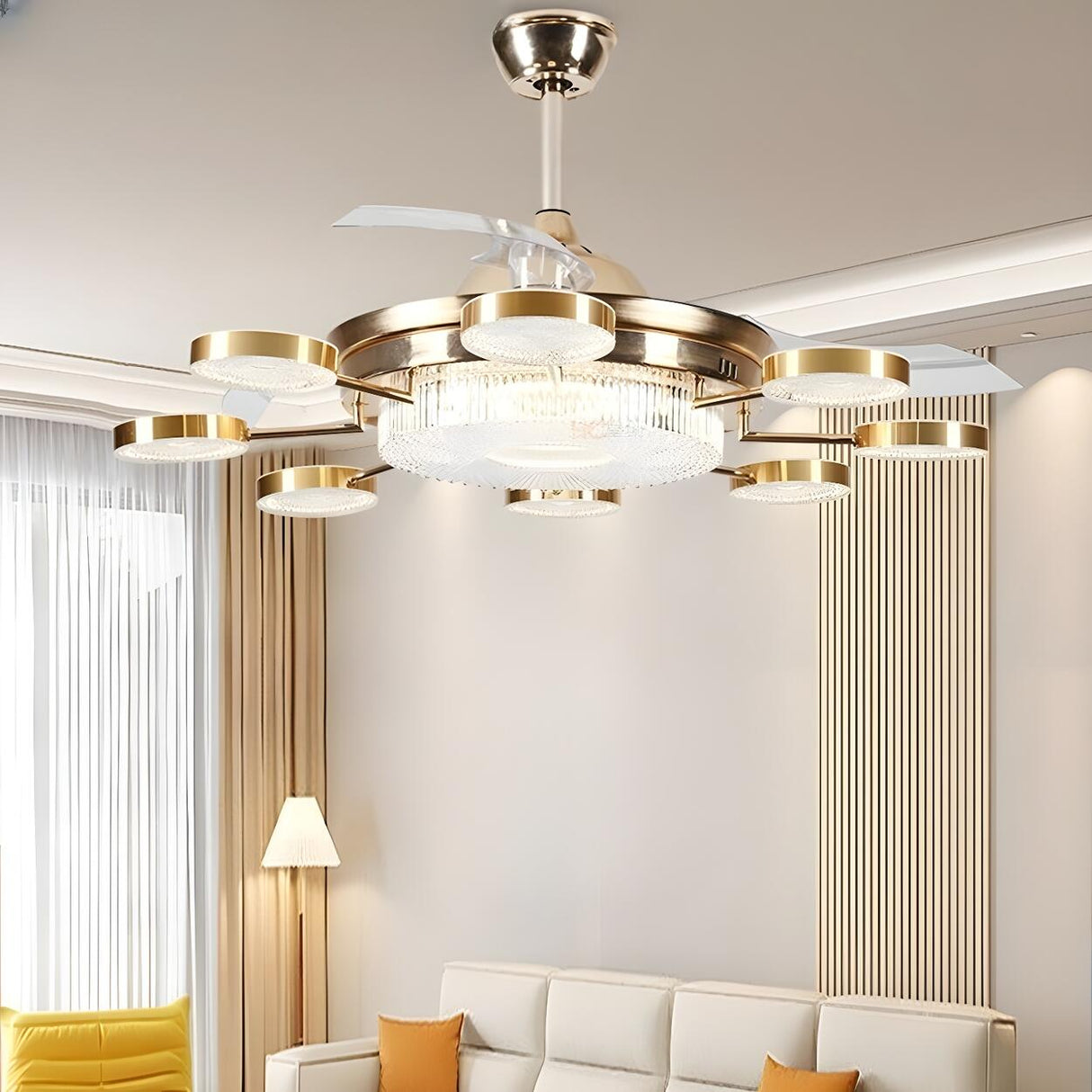 Modern Gold Dimming Metal Chandelier Fan with LED Light Image - 3