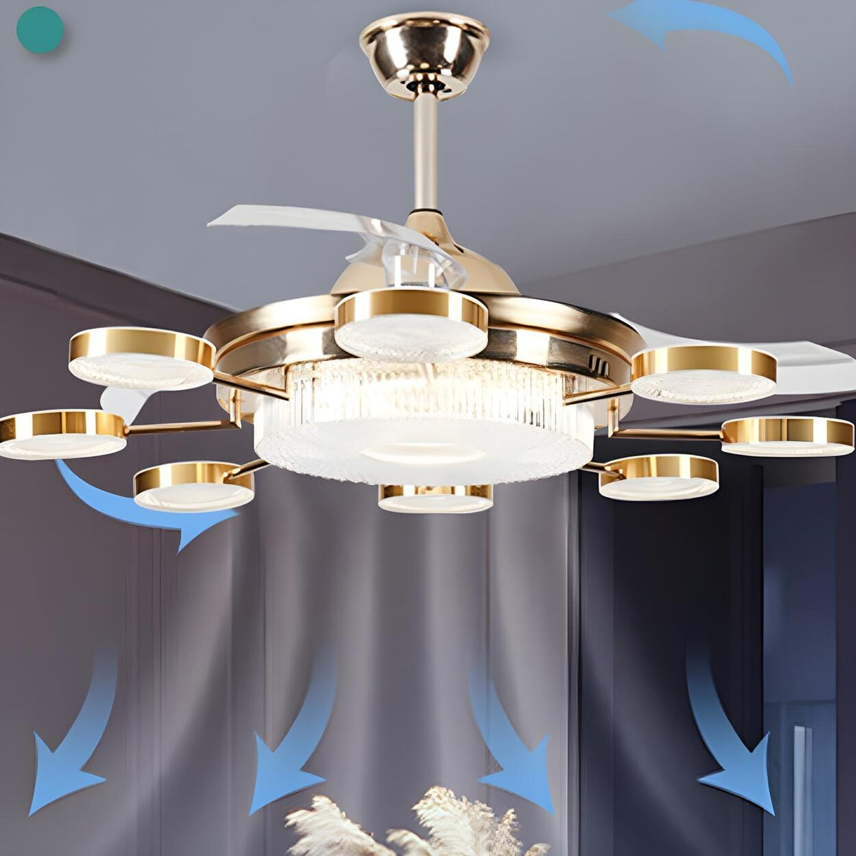 Modern Gold Dimming Metal Chandelier Fan with LED Light Image - 6