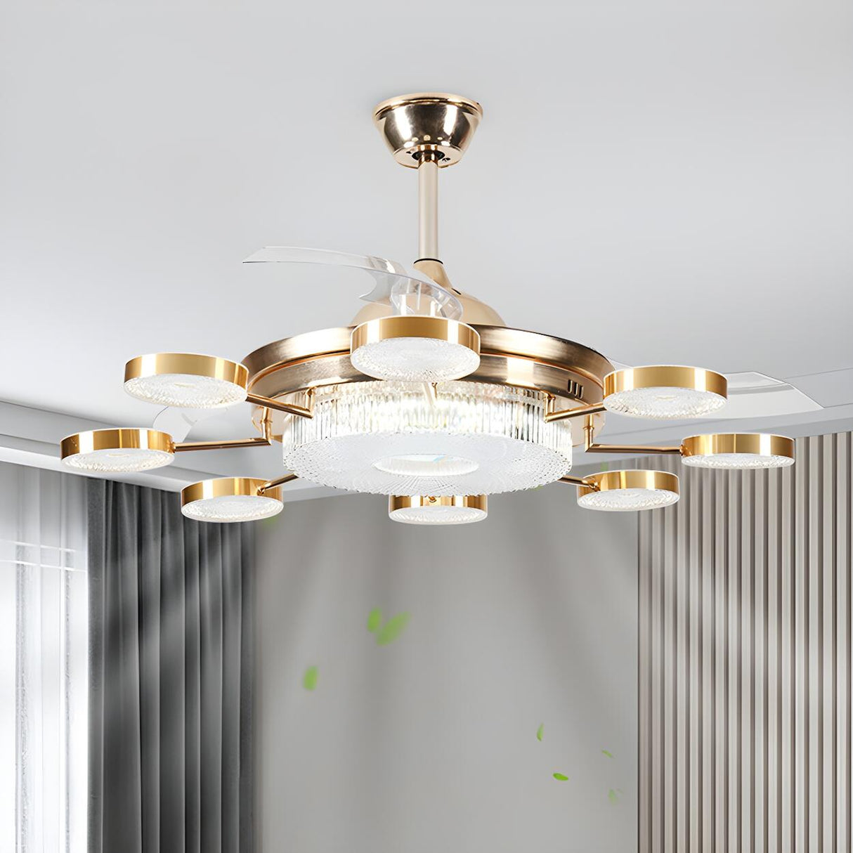 Modern Gold Dimming Metal Chandelier Fan with LED Light Image - 9