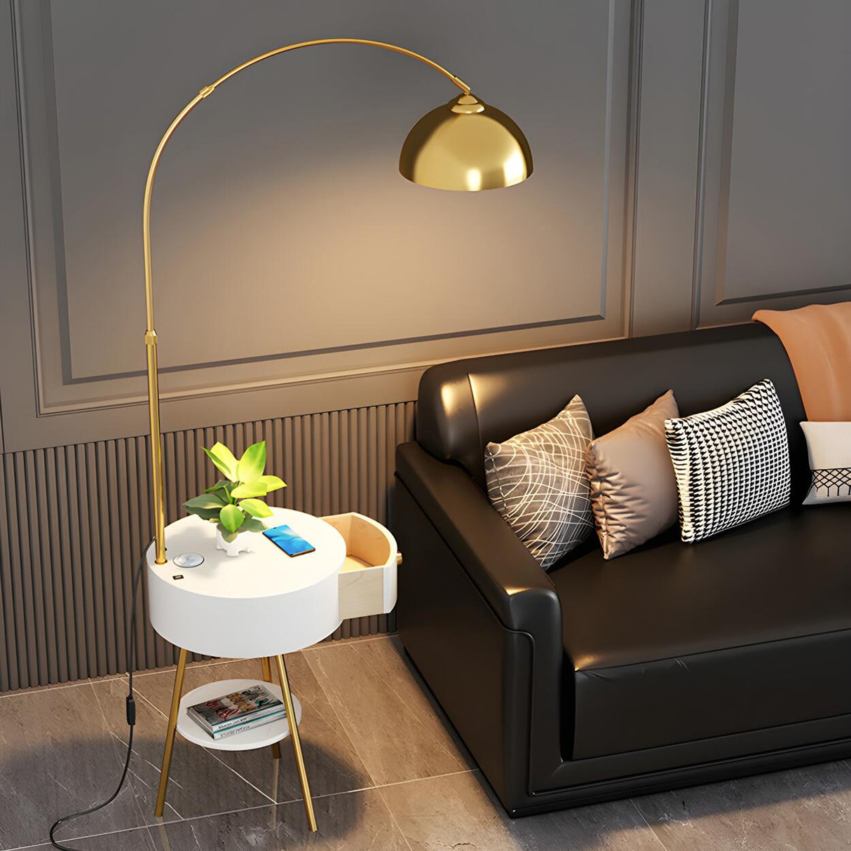 Modern Gold Dome and Arched Side Table Floor Lamp Image - 14