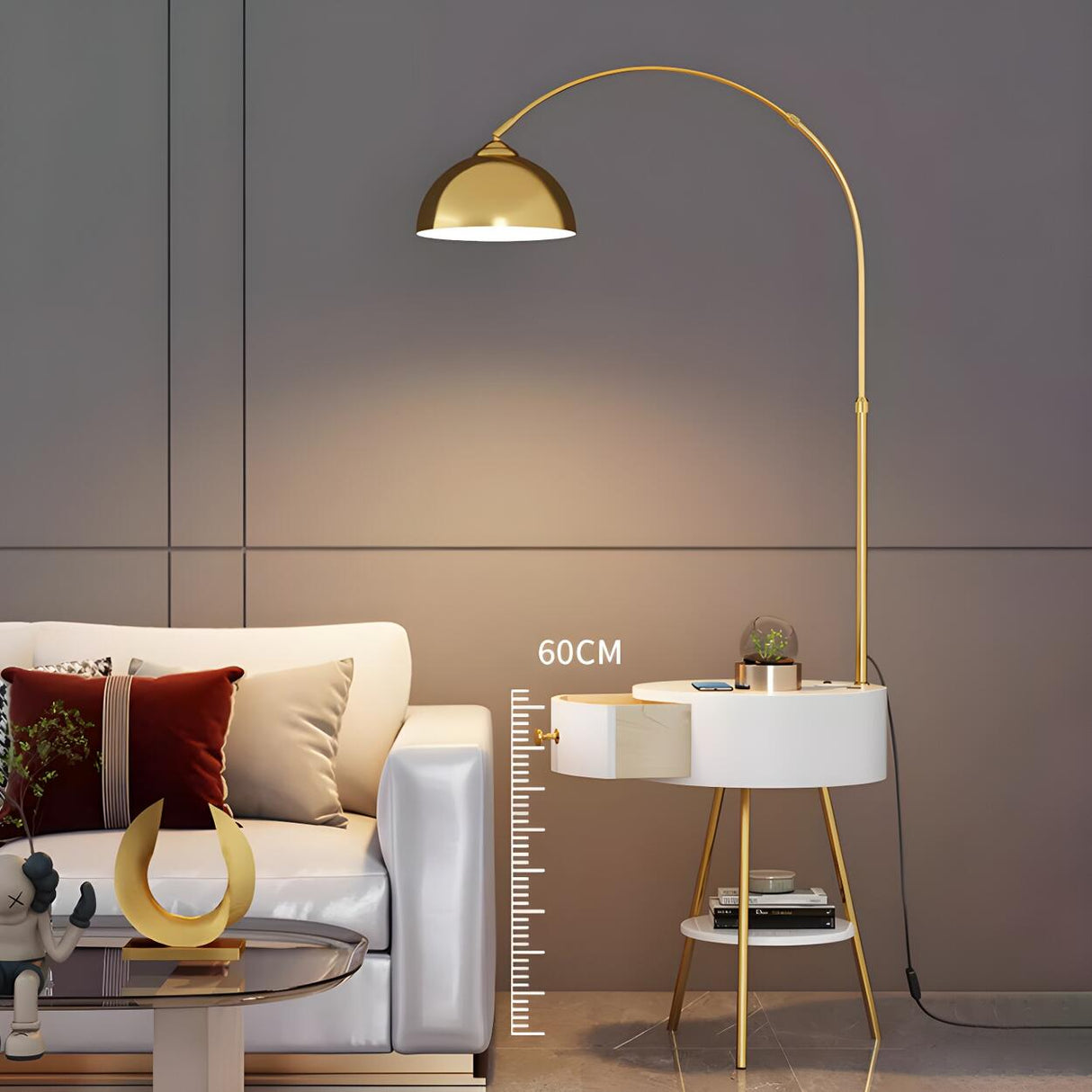 Modern Gold Dome and Arched Side Table Floor Lamp Image - 15